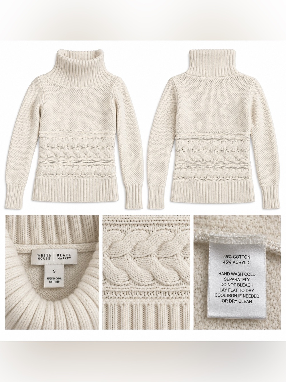 White House Black Market Cream Cable Turtleneck Sweater